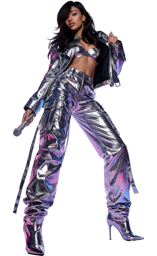 Anais in metallic silver performance wear.