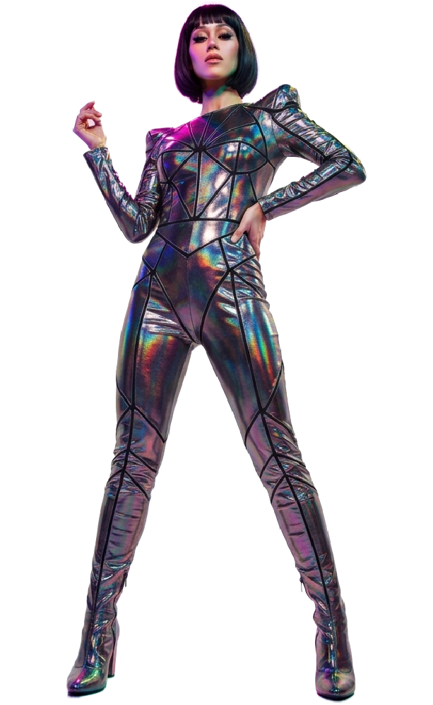 Sara in iridescent performance wear.